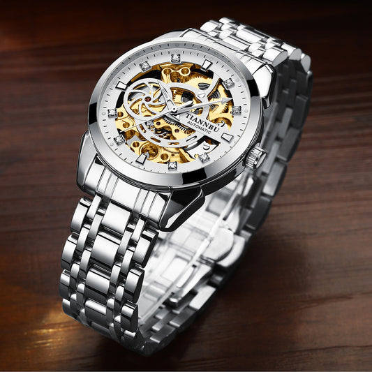 🔥Echte vollautomatische mechanische Herrenuhr Diamantenbesetzte Leuchtende Wasserdichte Stahlband-Schmetterlingsschnalle Tourbillon-Uhr für Herren