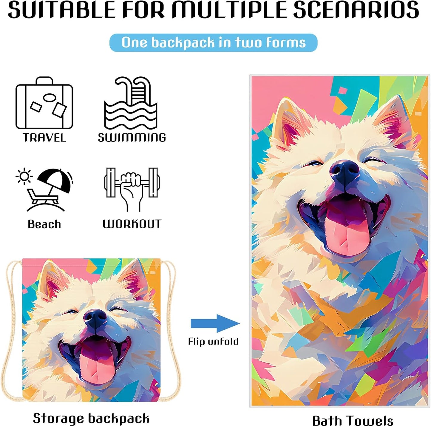 2-in-1 Foldable Beach Towel Backpack – Camping, Yoga and Travel, Printed Bath Towel with Built-in Storage, Convertible Beach Mat & Carry Bag, Absorbent for Pool