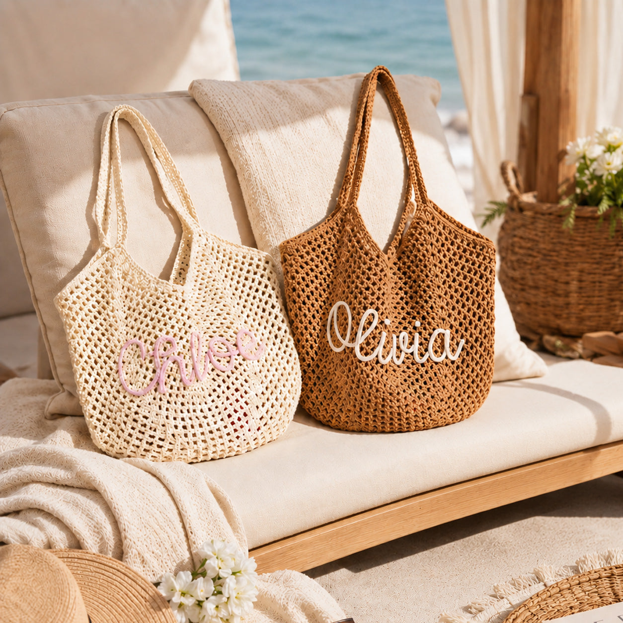 Personalized beach tote bags, Custom Crochet Name Bag, Bridesmaid Gift, Bachelorette Trip Bag, Summer Vacation Tote