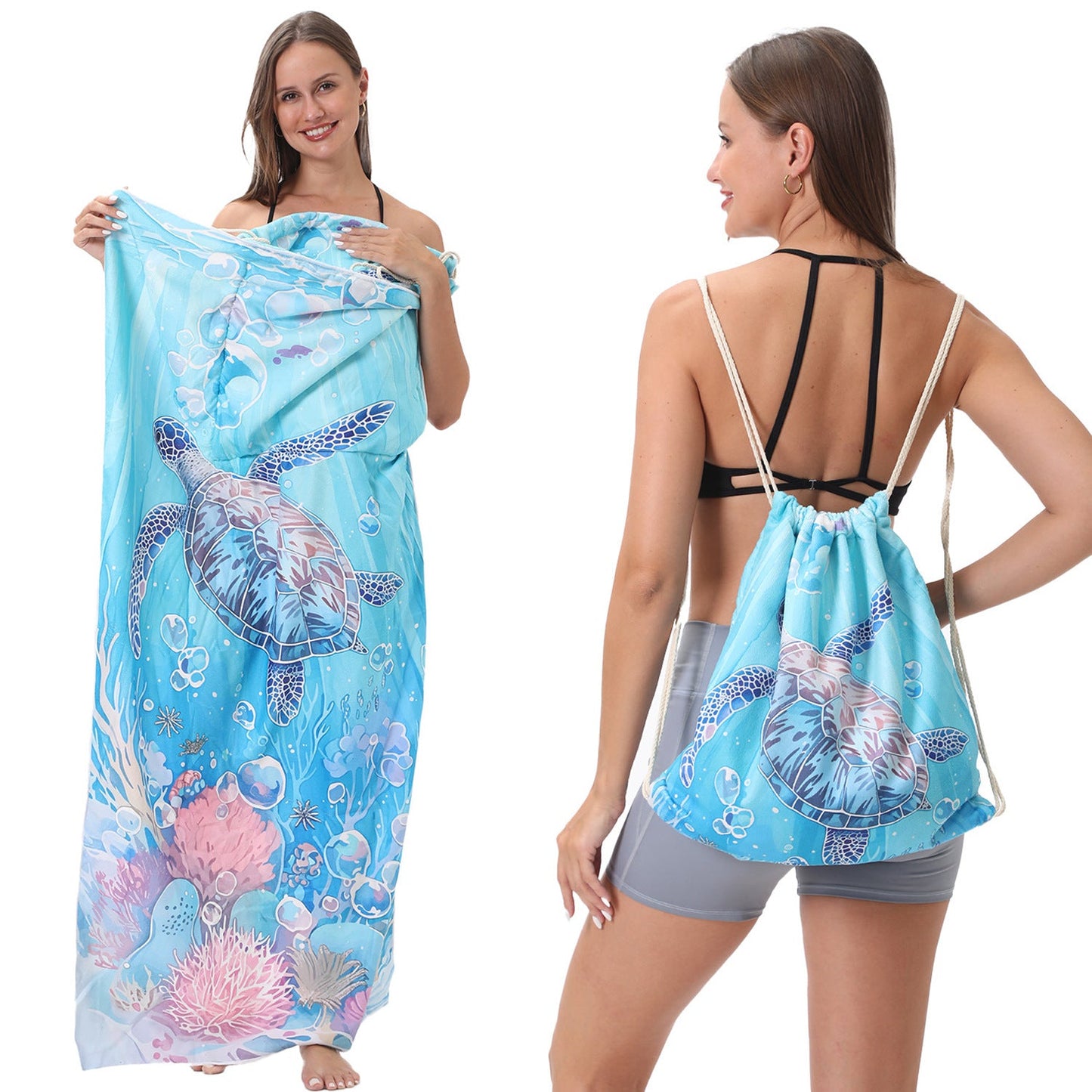2-in-1 Foldable Beach Towel Backpack – Camping, Yoga and Travel, Printed Bath Towel with Built-in Storage, Convertible Beach Mat & Carry Bag, Absorbent for Pool