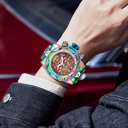 🌈Irisierende Chronographenuhr für Herren, Skelettzifferblatt, wasserdichte Edelstahlarmbanduhr