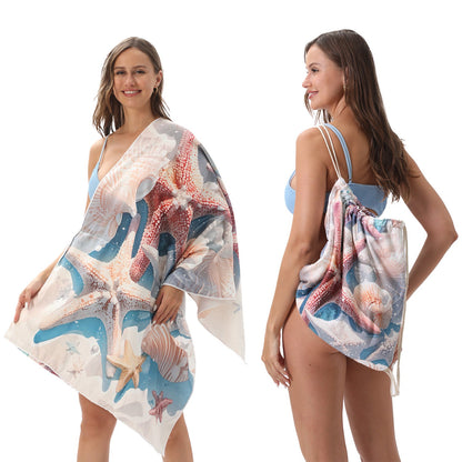 2-in-1 Foldable Beach Towel Backpack – Camping, Yoga and Travel, Printed Bath Towel with Built-in Storage, Convertible Beach Mat & Carry Bag, Absorbent for Pool