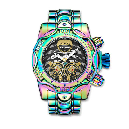 🌈Irisierende Chronographenuhr für Herren, Skelettzifferblatt, wasserdichte Edelstahlarmbanduhr