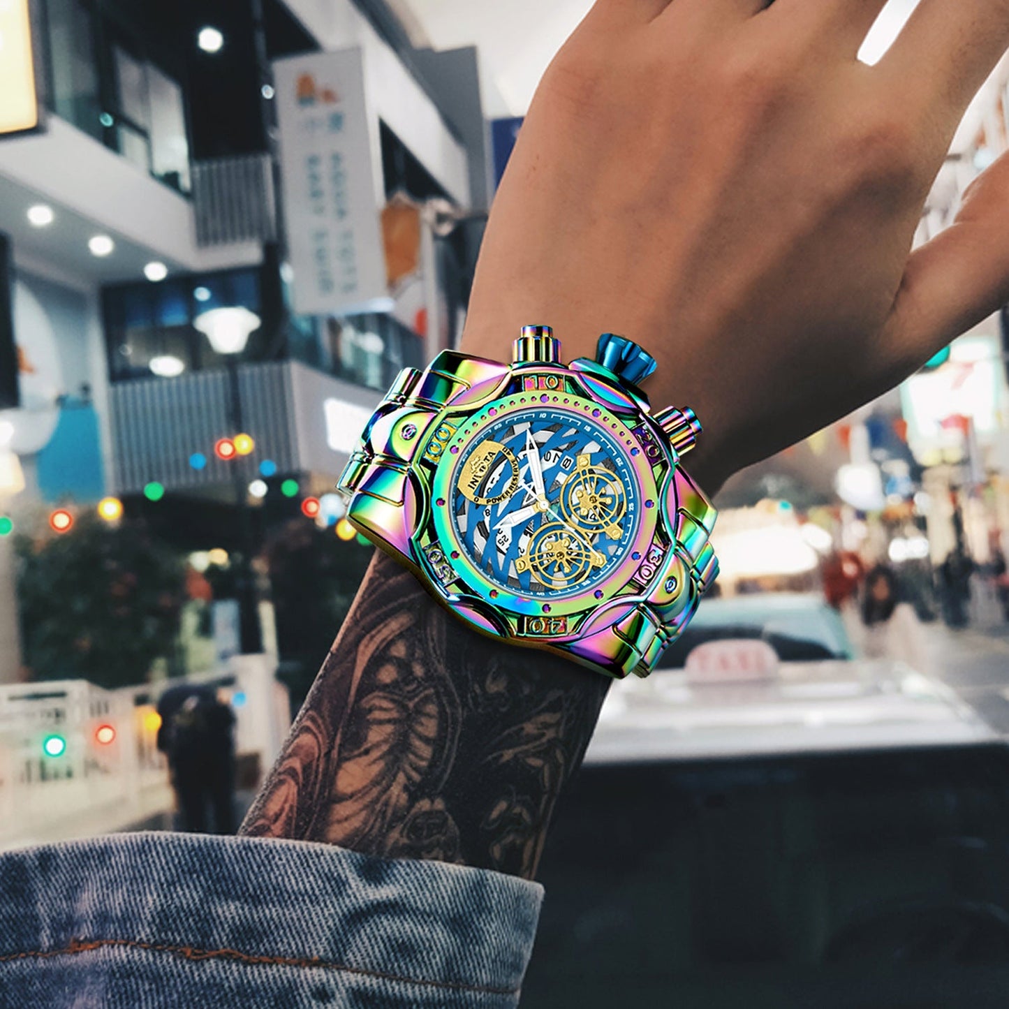 🌈Irisierende Chronographenuhr für Herren, Skelettzifferblatt, wasserdichte Edelstahlarmbanduhr