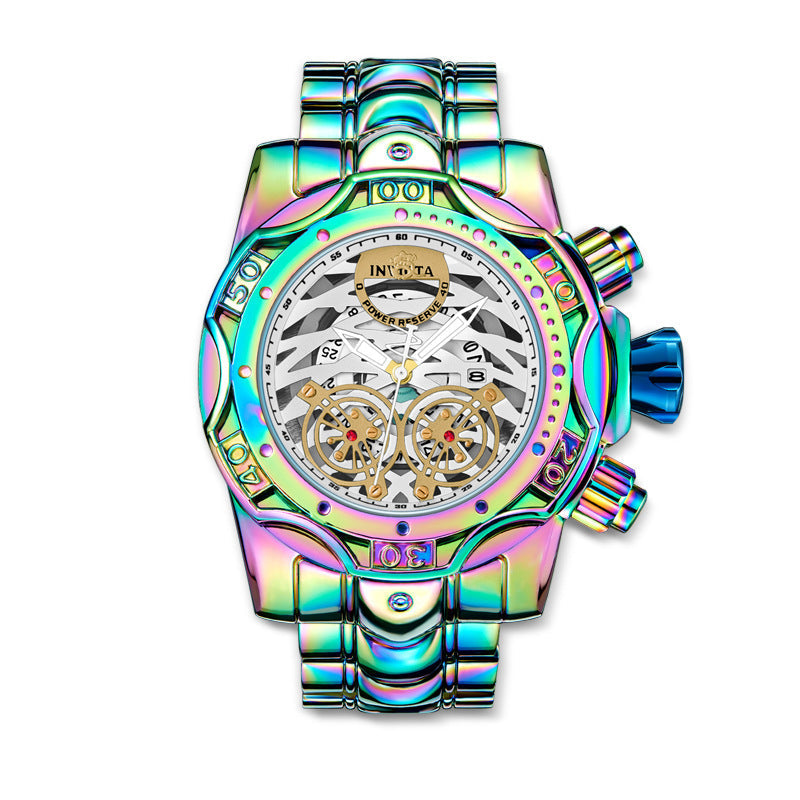 🌈Irisierende Chronographenuhr für Herren, Skelettzifferblatt, wasserdichte Edelstahlarmbanduhr