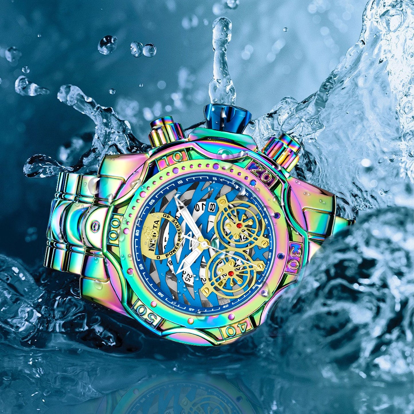 🌈Irisierende Chronographenuhr für Herren, Skelettzifferblatt, wasserdichte Edelstahlarmbanduhr