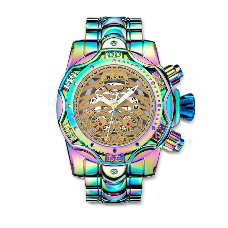 🌈Irisierende Chronographenuhr für Herren, Skelettzifferblatt, wasserdichte Edelstahlarmbanduhr