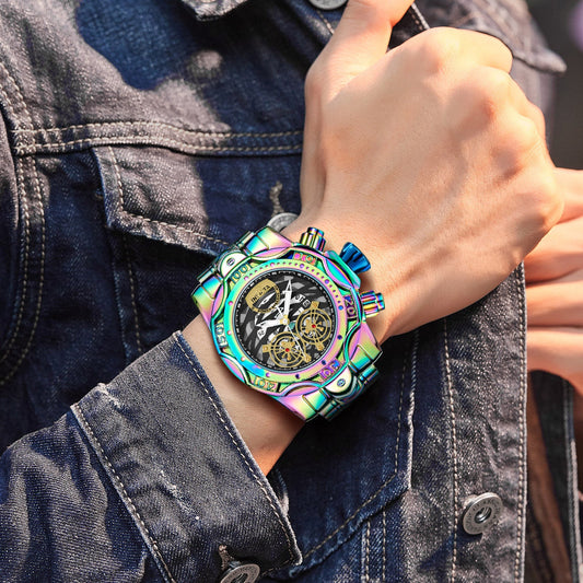 🌈Irisierende Chronographenuhr für Herren, Skelettzifferblatt, wasserdichte Edelstahlarmbanduhr