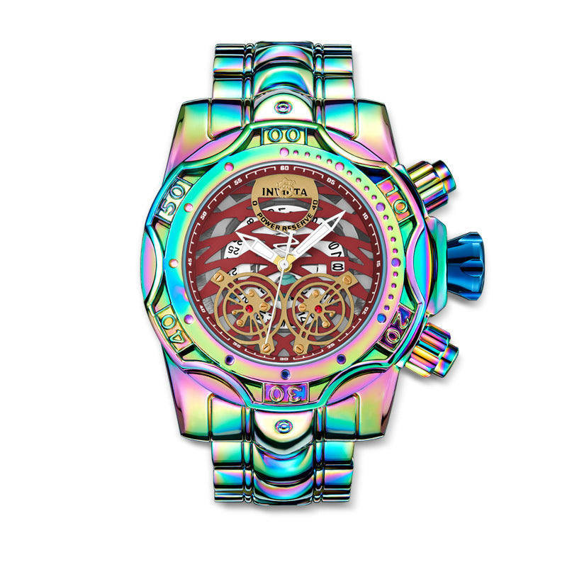 🌈Irisierende Chronographenuhr für Herren, Skelettzifferblatt, wasserdichte Edelstahlarmbanduhr